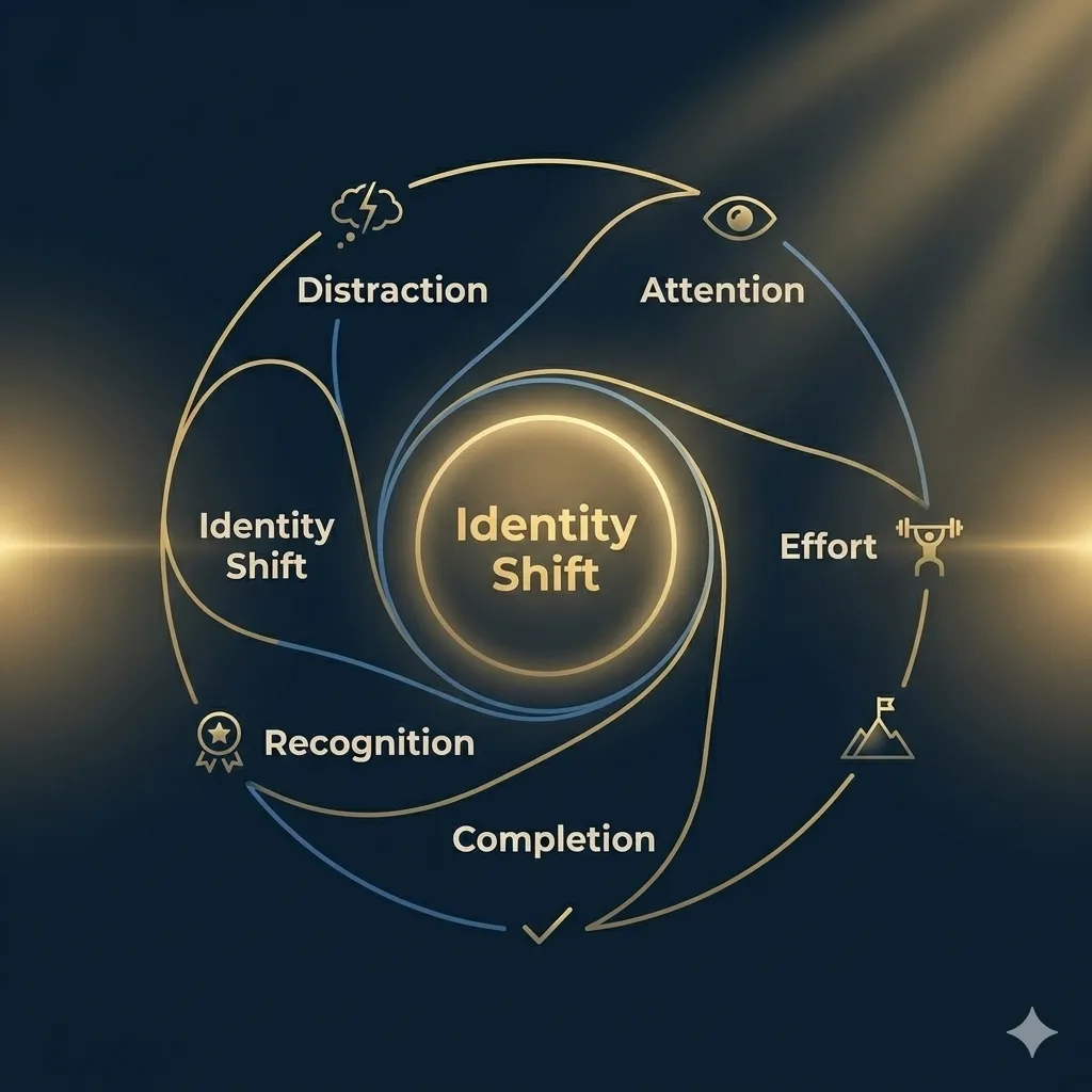 Cycle of distraction, attention, effort, completion, recognition, and identity shift