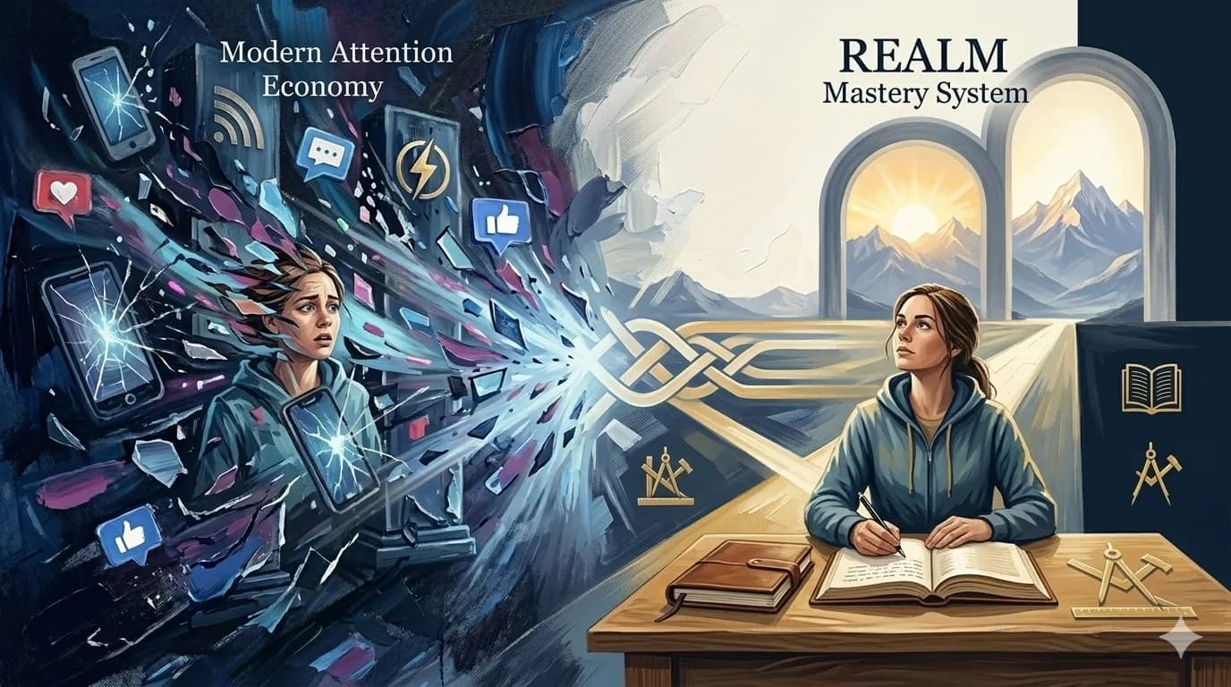 Comparison between modern attention economy incentives and the REALM mastery system.