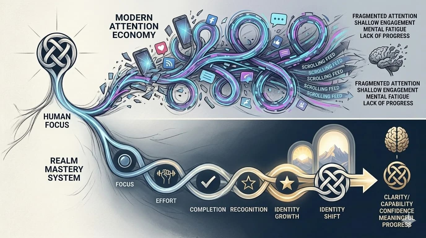 Flow diagram of the REALM system path through Focus, Effort, Completion, Recognition, and Identity Shift.