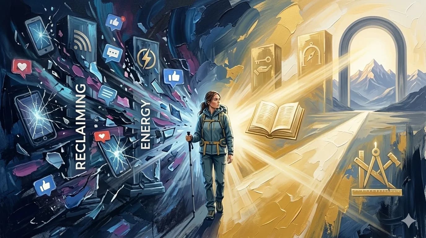 Concept illustration of redirected attention moving from scattered digital distraction toward focused mastery and meaningful growth.